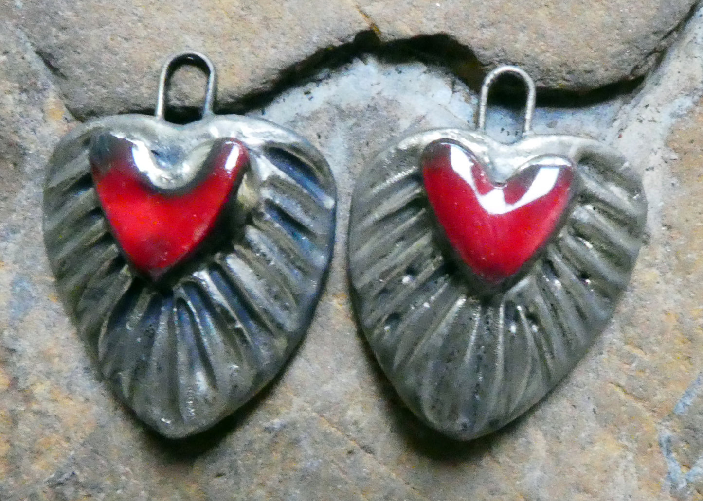 Ceramic Textured Heart Charms - Red