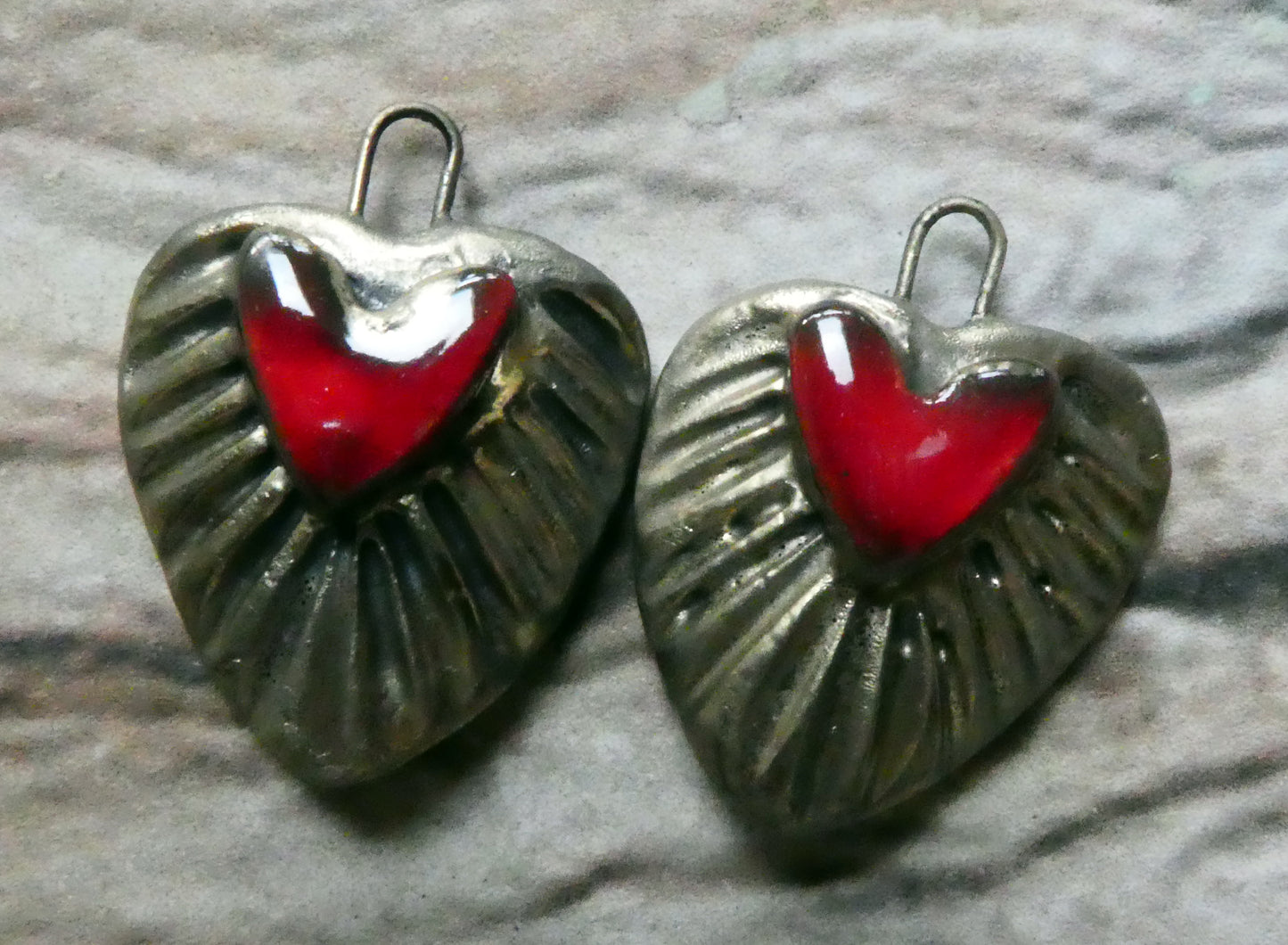 Ceramic Textured Heart Charms - Red
