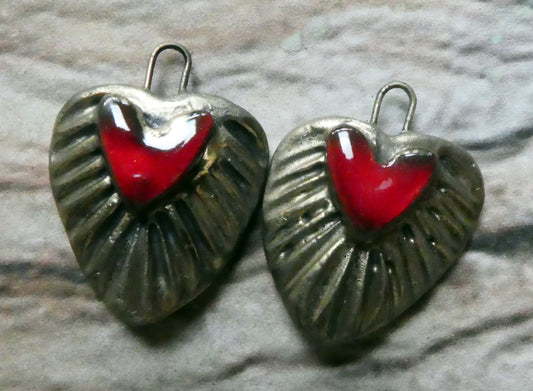Ceramic Textured Heart Charms - Red