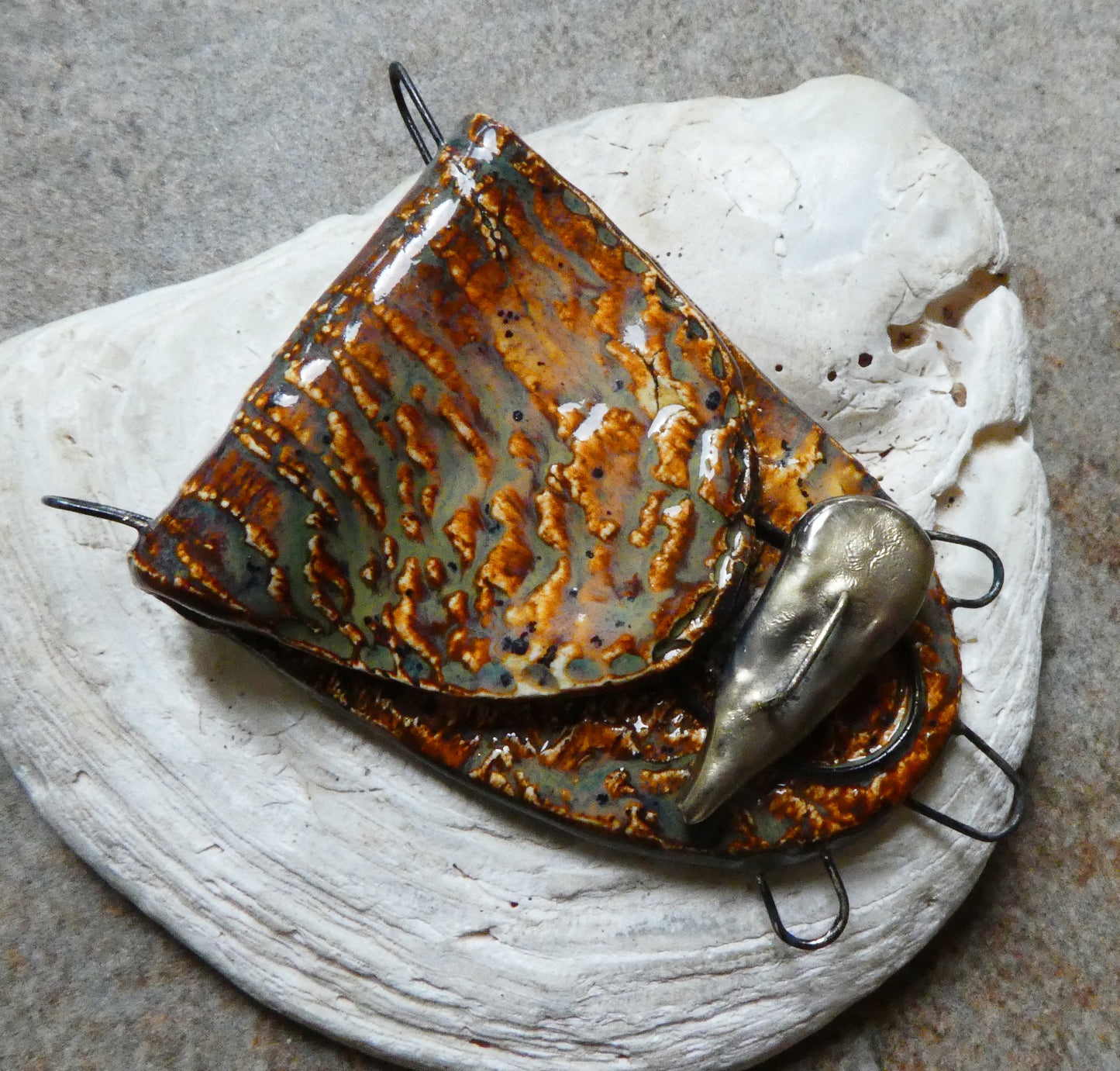 Ceramic Driftwood Textured Satchel Necklace Connector - Amber Ash