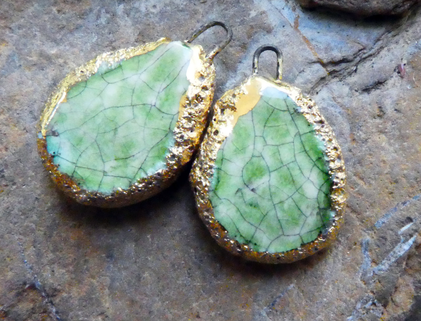Ceramic Crackly Flat Drop Charms -Green Crackle