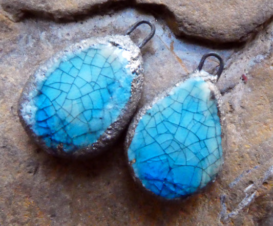 Ceramic Crackly Flat Drop Charms -Taunton Turquoise