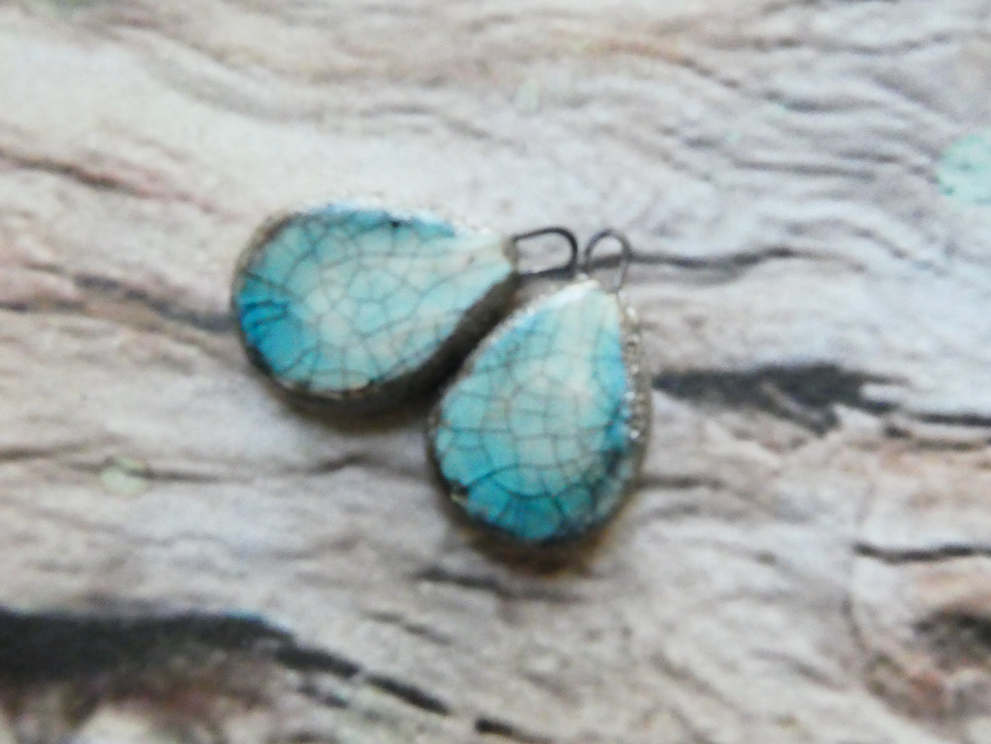 Ceramic Crackly Flat Drop Charms -China Sea