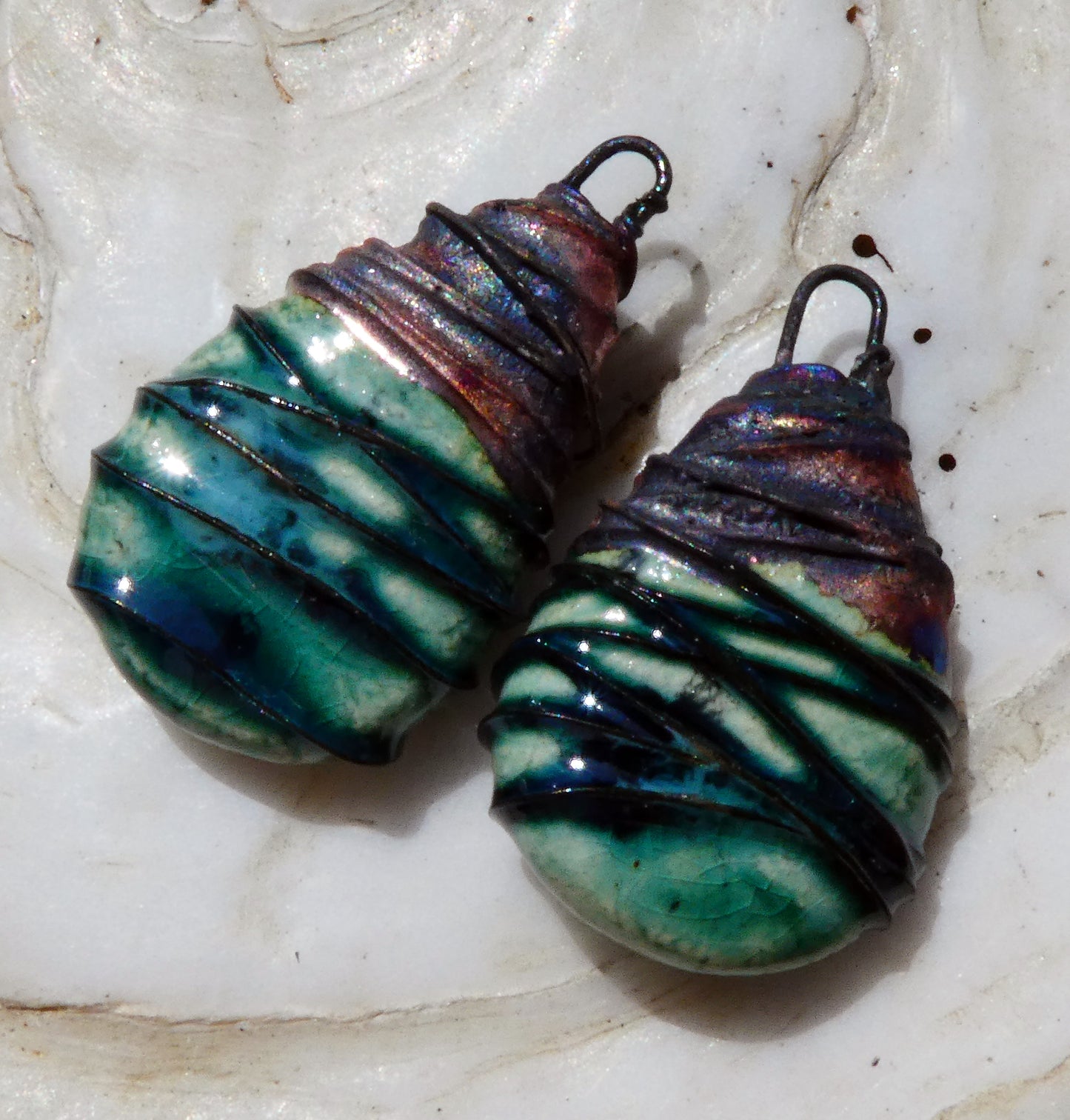 Ceramic Wire Wrapped Teardrop Charms -Emerald Mist