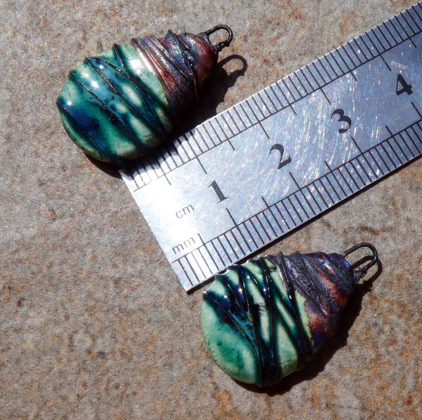 Ceramic Wire Wrapped Teardrop Charms -Emerald Mist