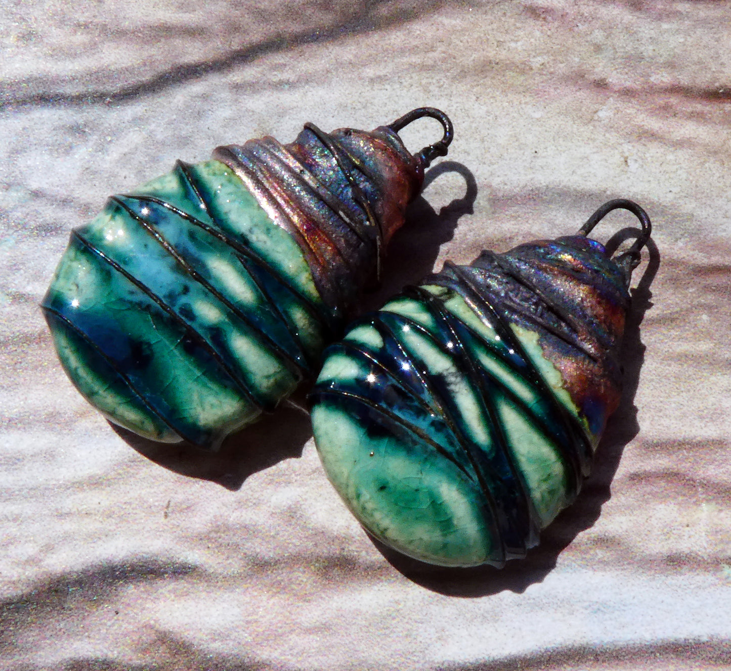 Ceramic Wire Wrapped Teardrop Charms -Emerald Mist