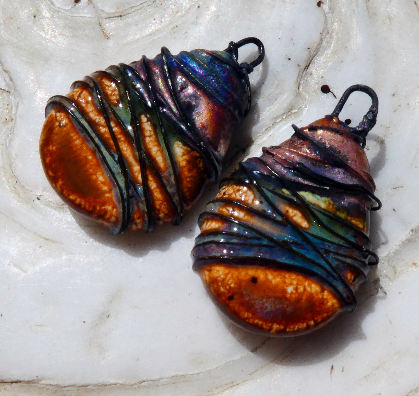 Ceramic Wire Wrapped Teardrop Charms -Amber Ash
