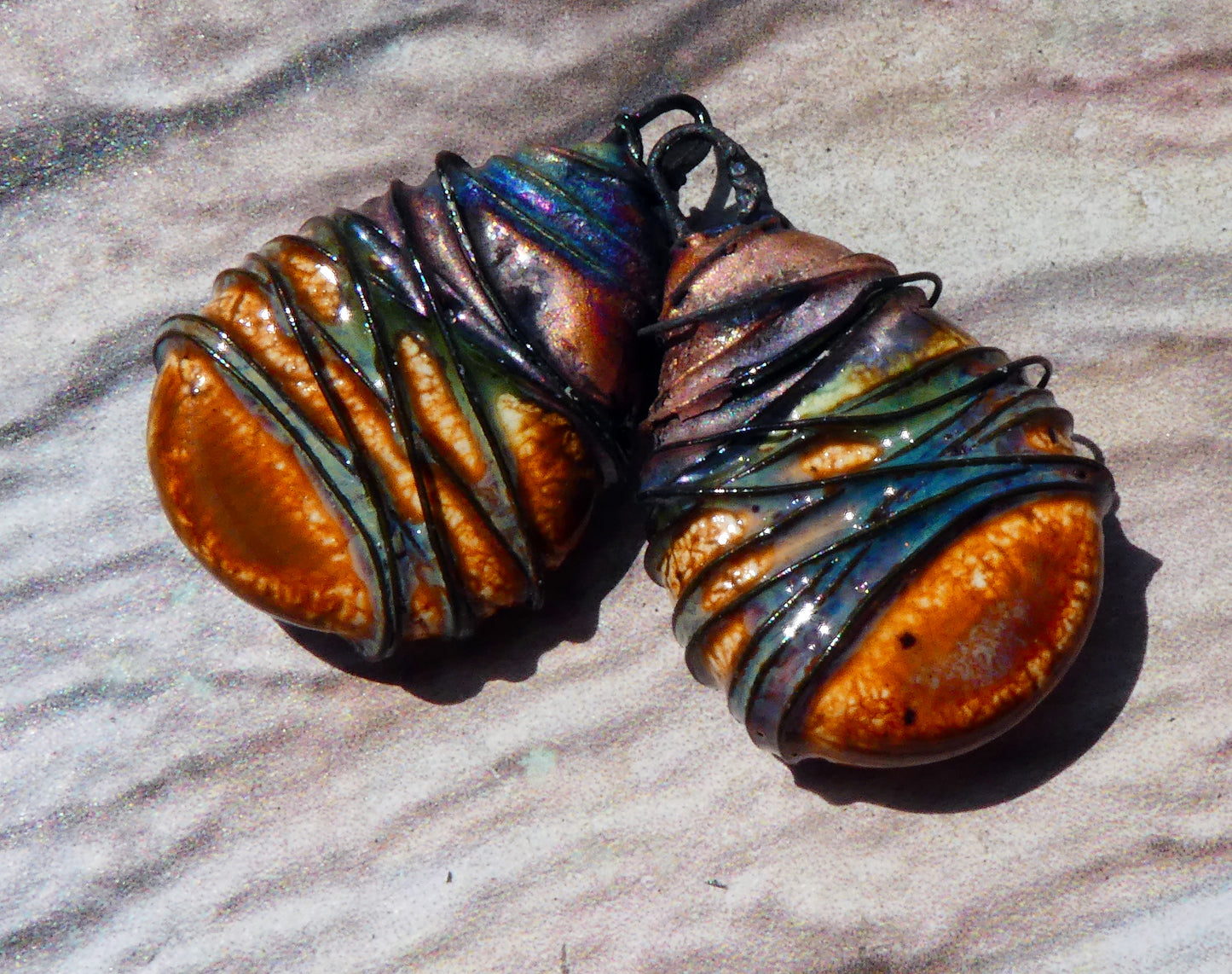 Ceramic Wire Wrapped Teardrop Charms -Amber Ash