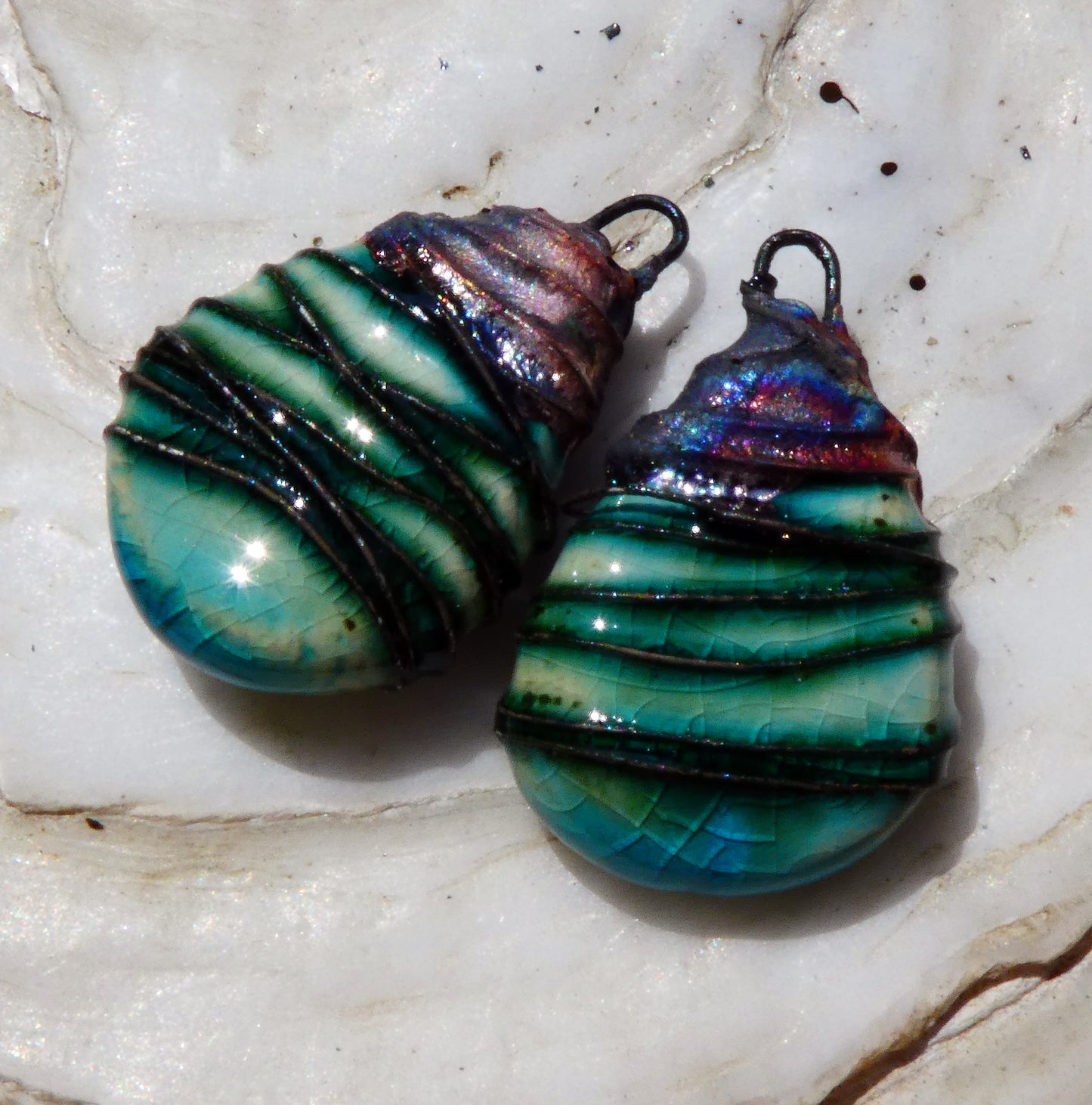 Ceramic Wire Wrapped Teardrop Charms -Jurassic