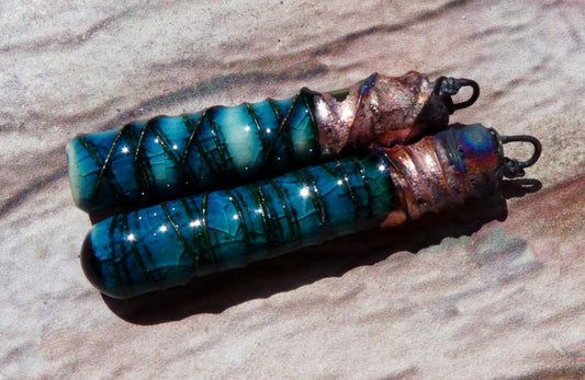 Ceramic Wire Wrapped Stick Charms - Oriental Blue - Asymmetric