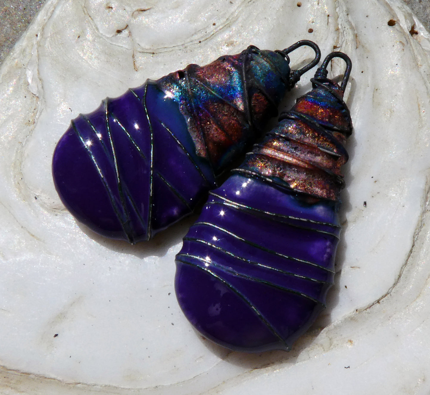 Ceramic Wire Wrapped Flat Teardrop Charms -Dark Purple