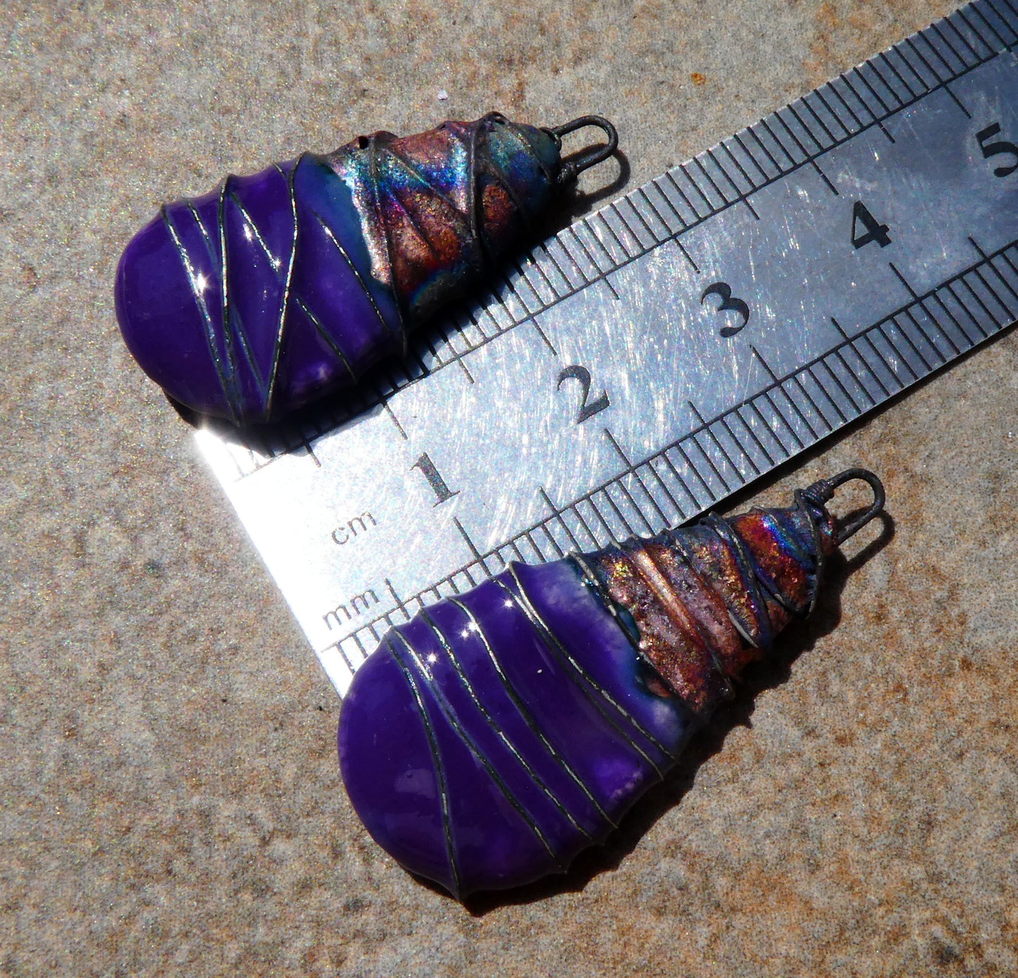 Ceramic Wire Wrapped Flat Teardrop Charms -Dark Purple
