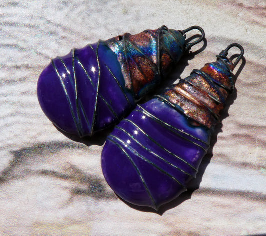 Ceramic Wire Wrapped Flat Teardrop Charms -Dark Purple
