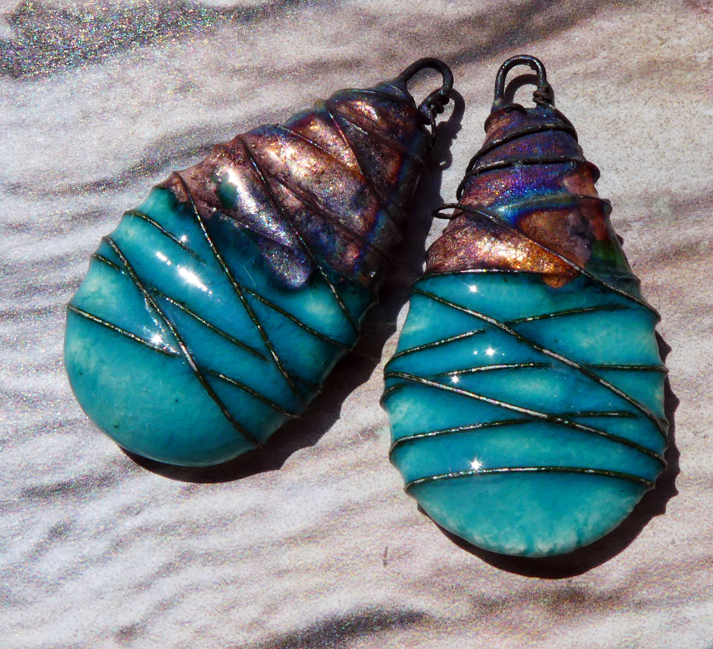 Ceramic Wire Wrapped Flat Teardrop Charms -Emerald Falls