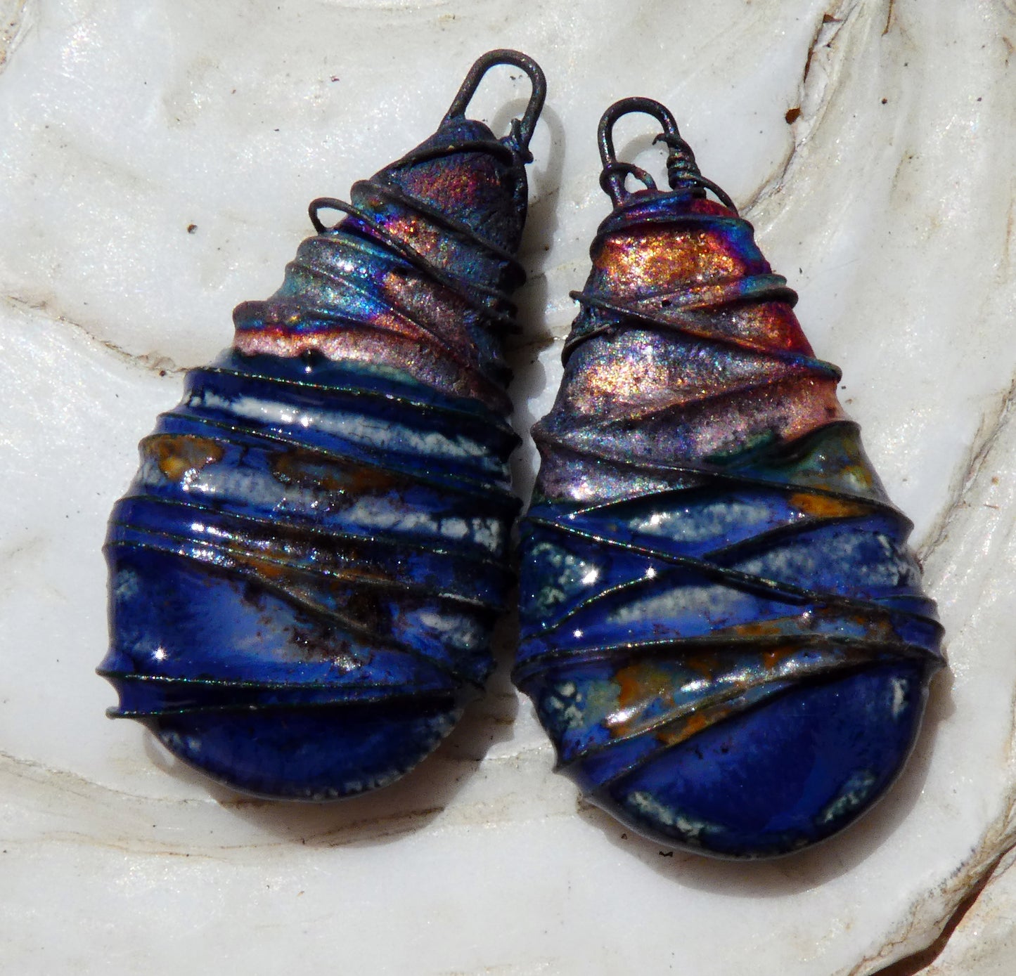 Ceramic Wire Wrapped Flat Teardrop Charms -Outer Galaxy