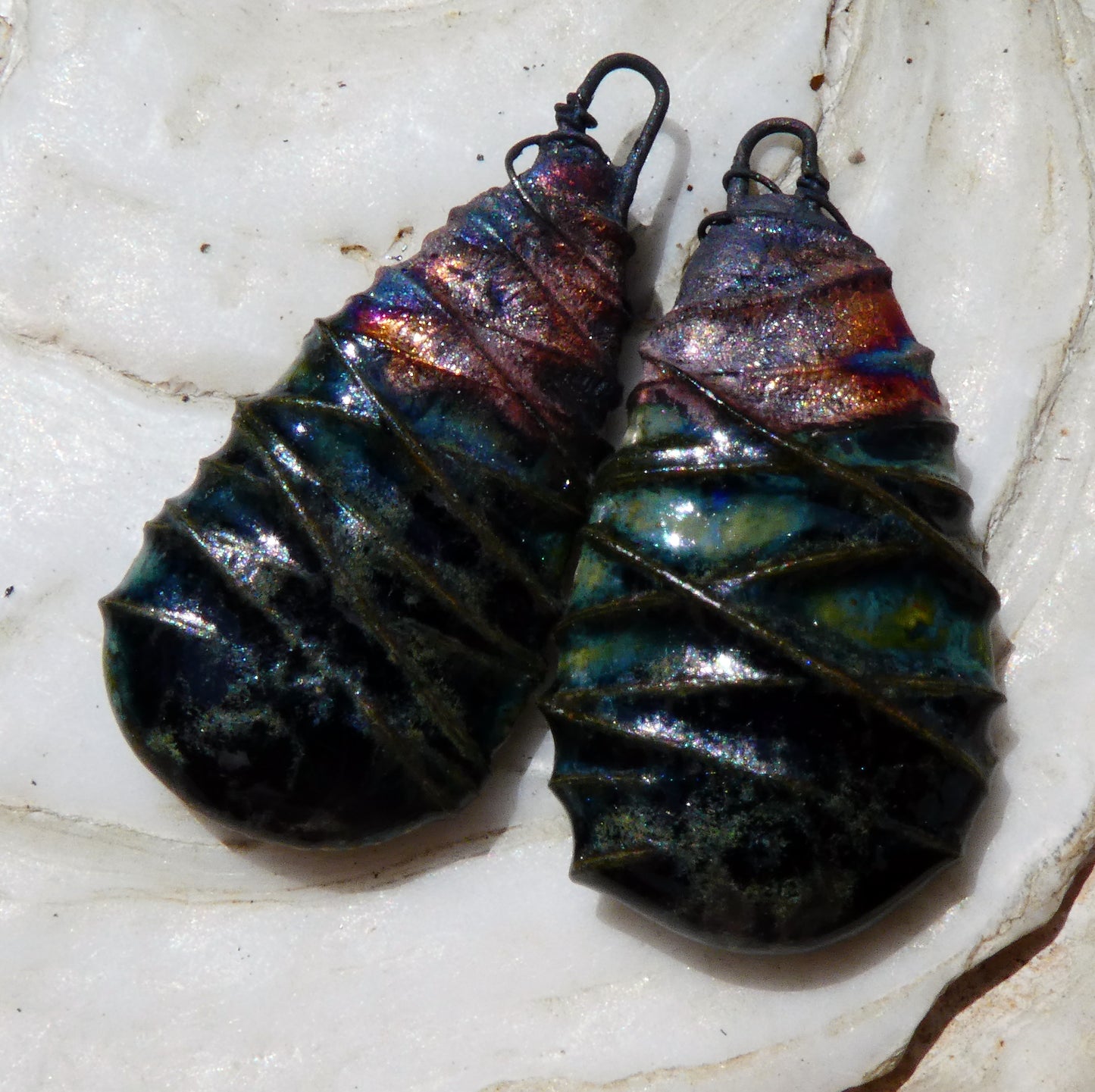 Ceramic Wire Wrapped Flat Teardrop Charms -Granada