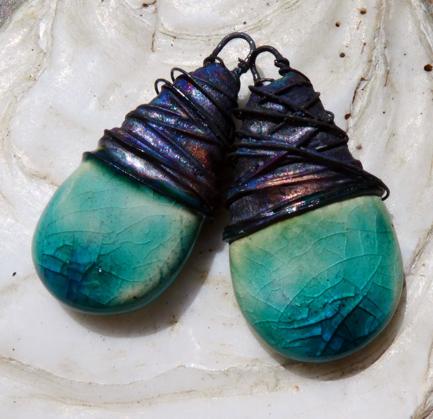 Ceramic Wire Wrapped Flat Teardrop Charms -Jurassic