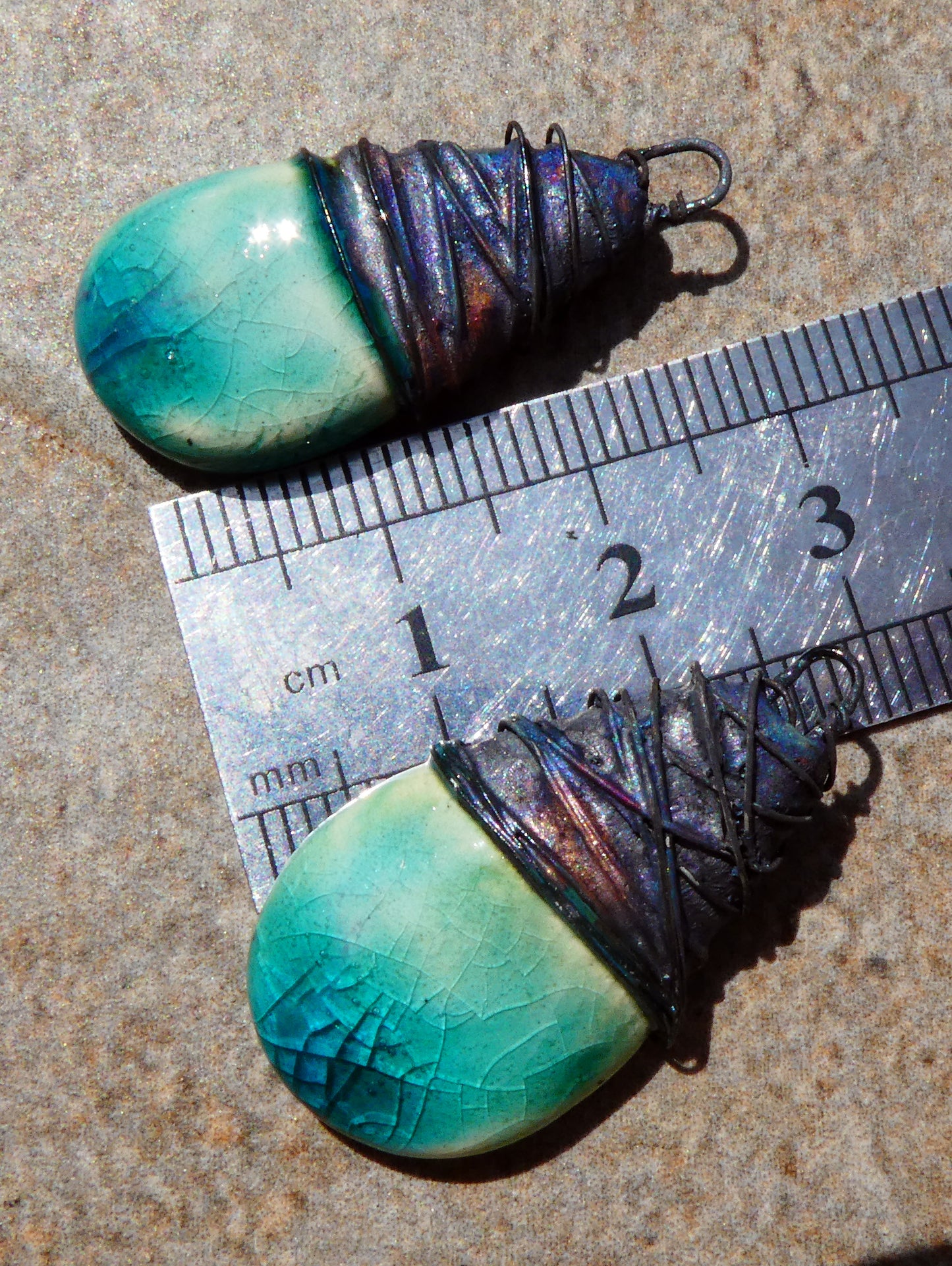 Ceramic Wire Wrapped Flat Teardrop Charms -Jurassic