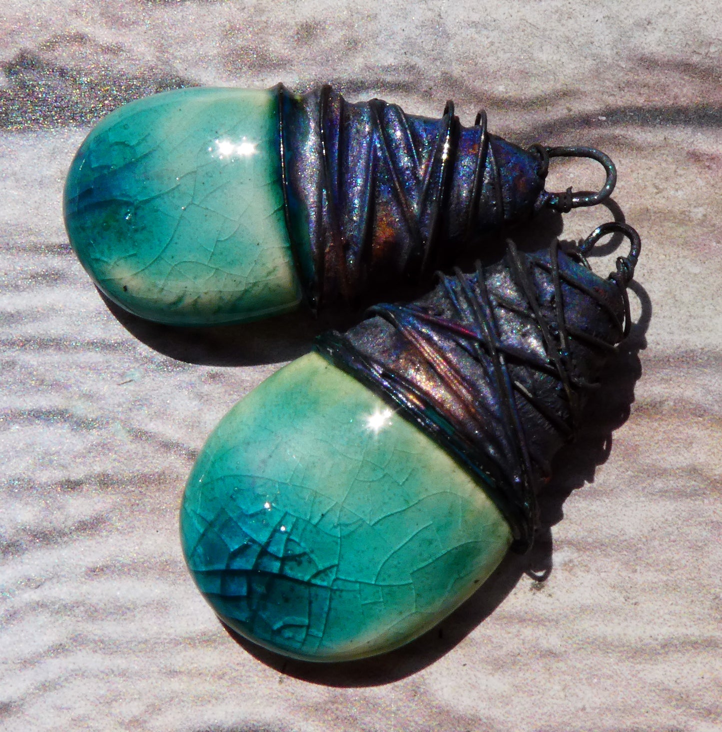 Ceramic Wire Wrapped Flat Teardrop Charms -Jurassic