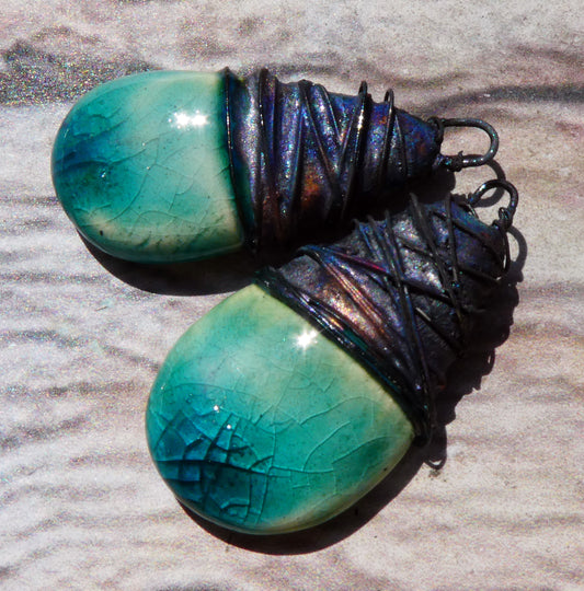 Ceramic Wire Wrapped Flat Teardrop Charms -Jurassic
