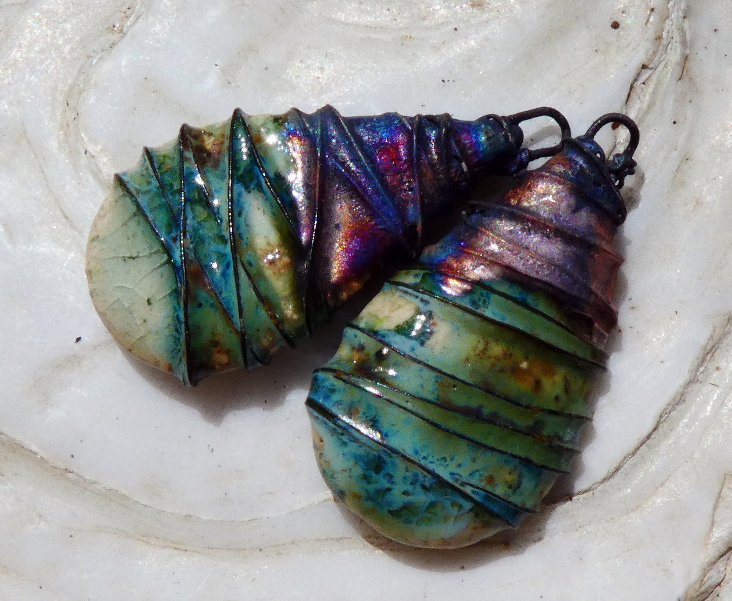Ceramic Wire Wrapped Flat Teardrop Charms -Herb Garden