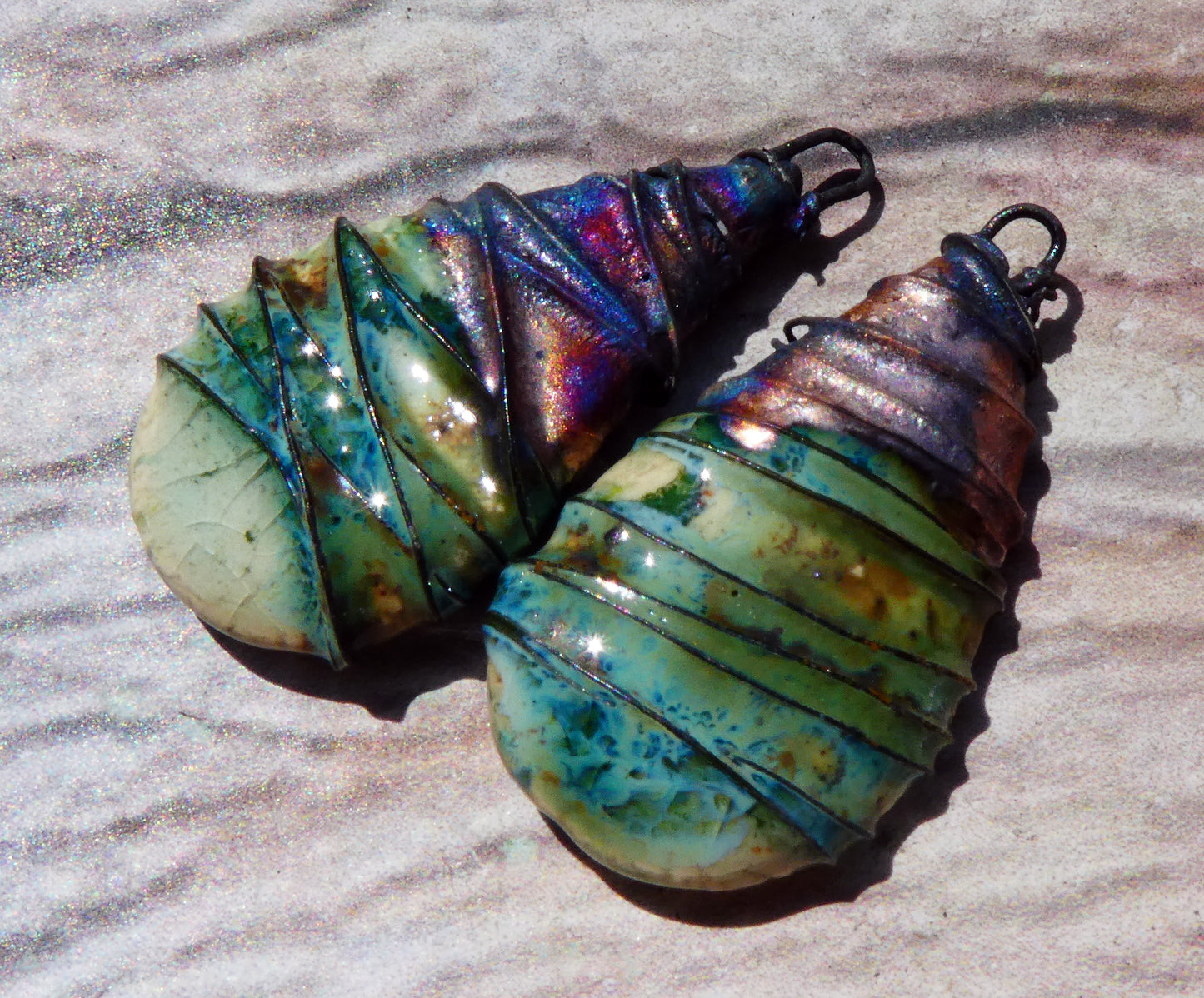 Ceramic Wire Wrapped Flat Teardrop Charms -Herb Garden