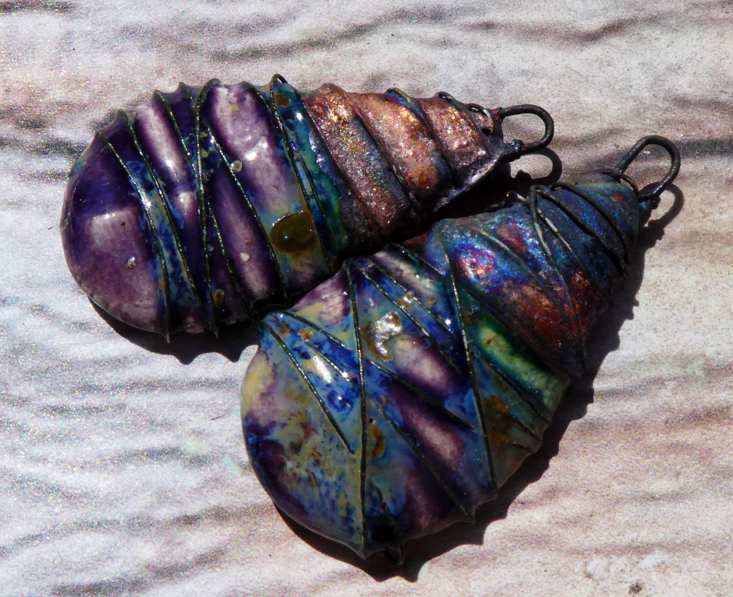 Ceramic Wire Wrapped Flat Teardrop Charms -Cosmic Grape