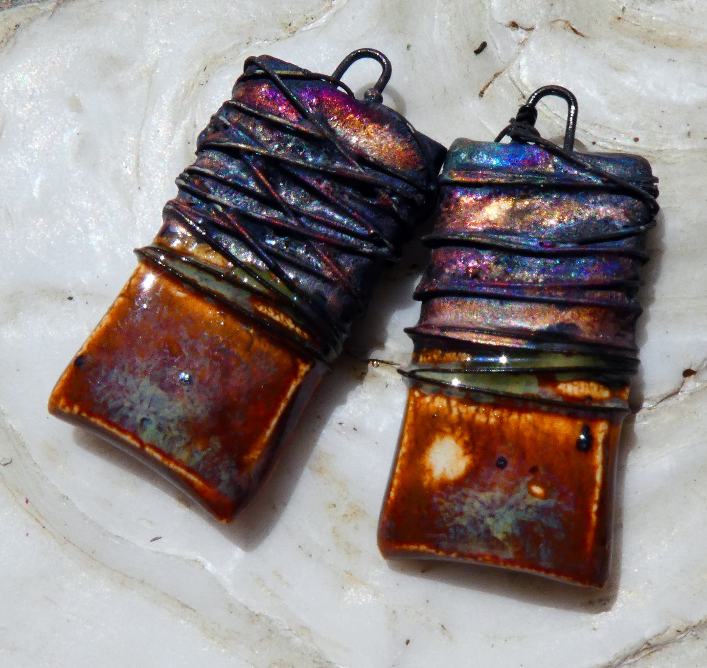 Ceramic Wire Wrapped Tablet Charms -Amber Ash