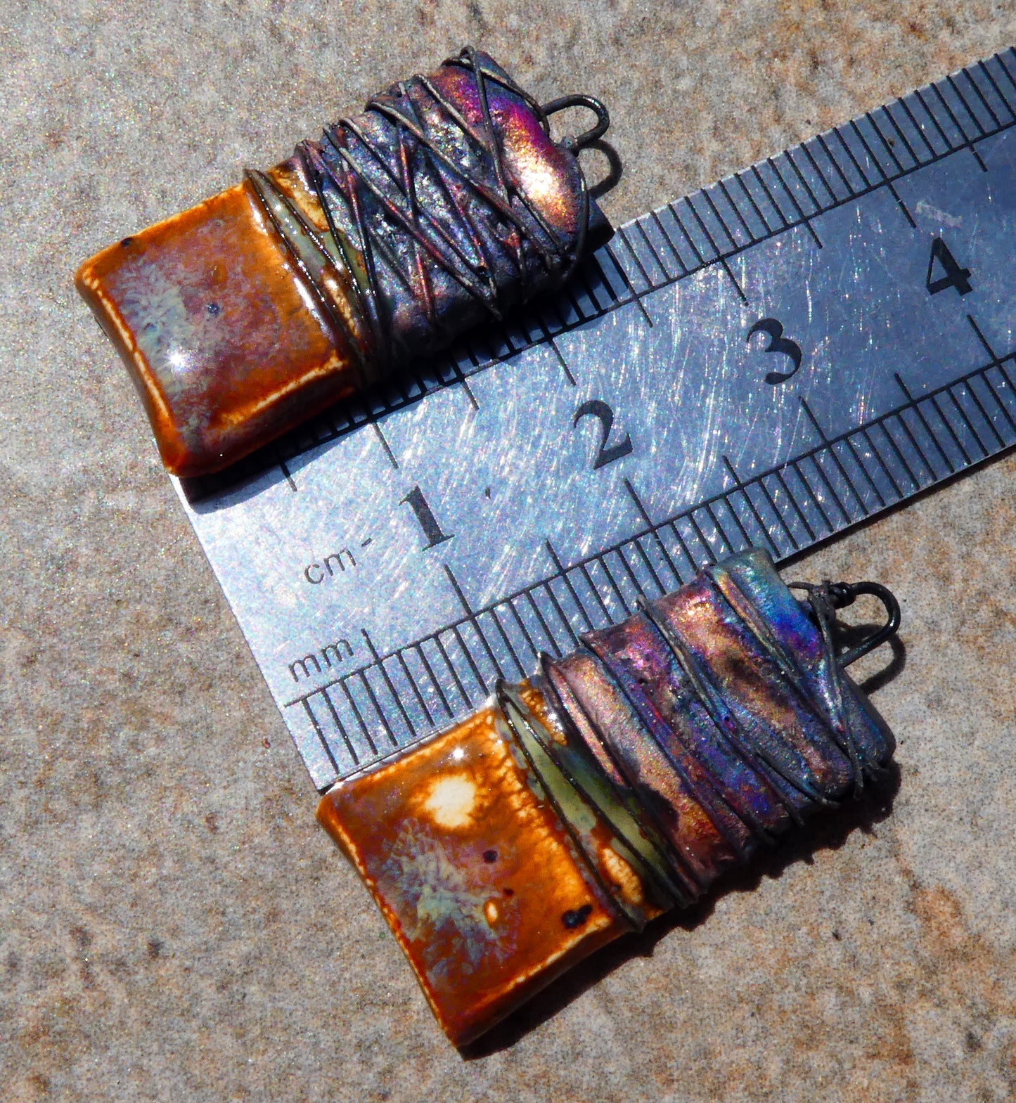 Ceramic Wire Wrapped Tablet Charms -Amber Ash