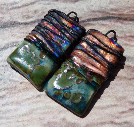 Ceramic Wire Wrapped Tablet Charms -Mystic Jade