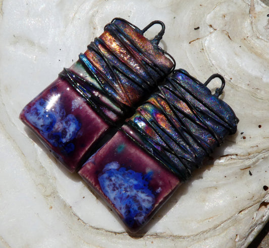 Ceramic Wire Wrapped Tablet Charms -Plum Jelly