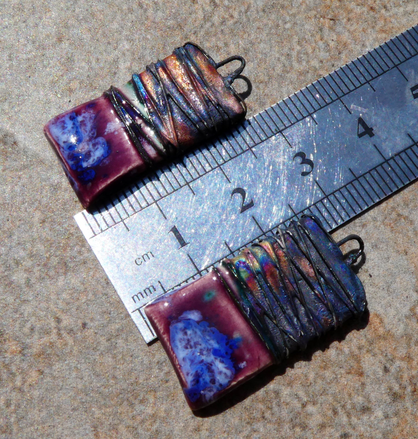 Ceramic Wire Wrapped Tablet Charms -Plum Jelly