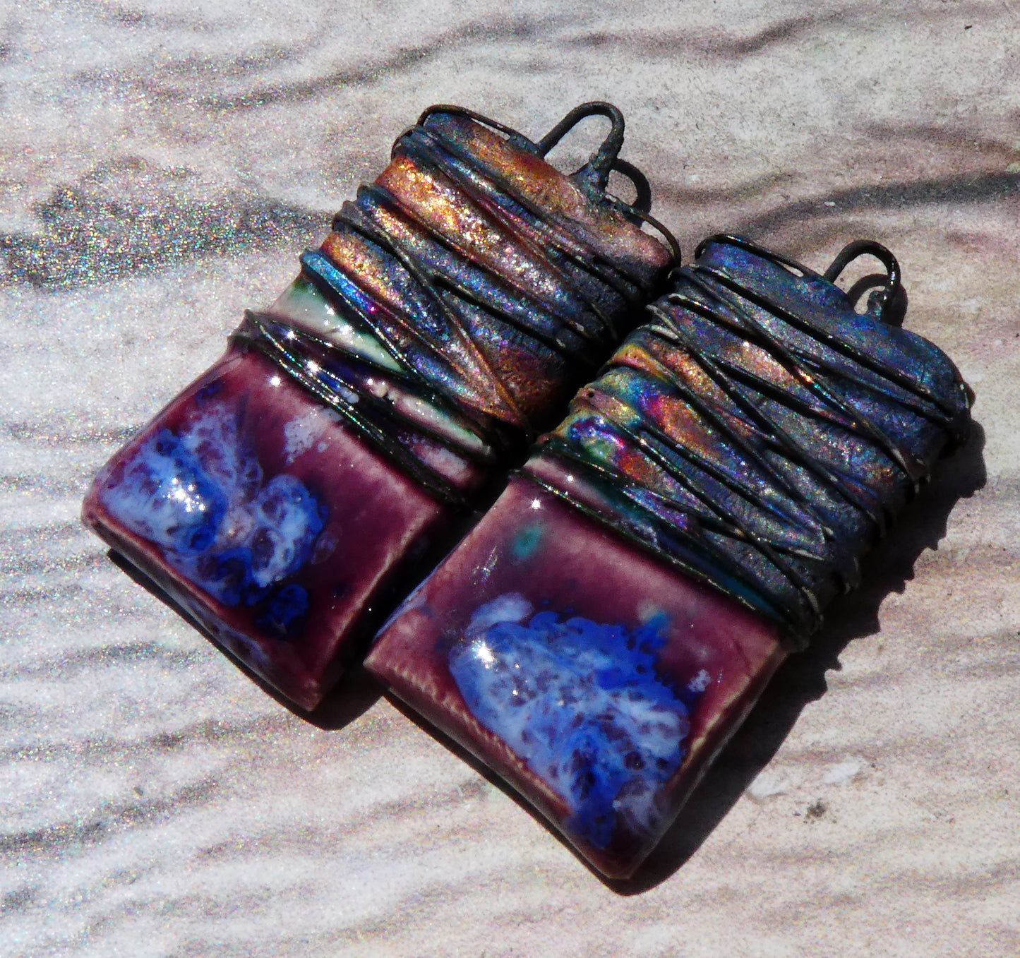 Ceramic Wire Wrapped Tablet Charms -Plum Jelly