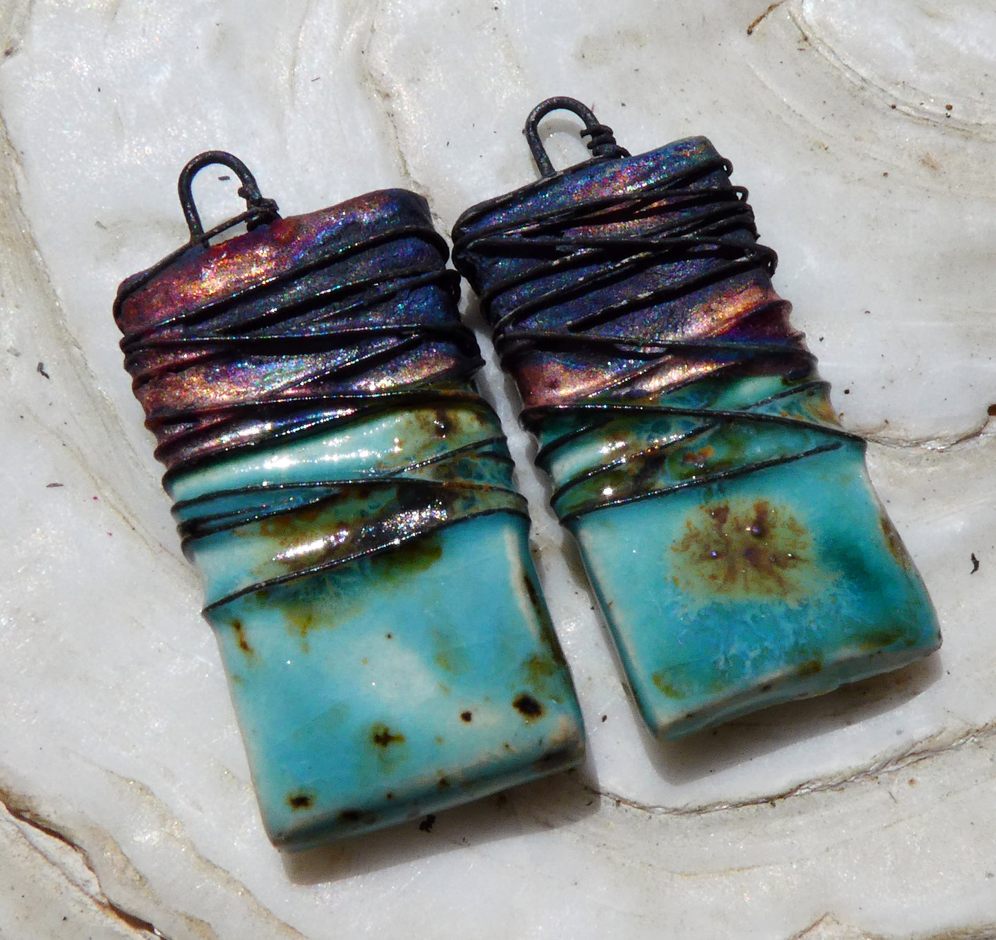 Ceramic Wire Wrapped Tablet Charms -Blue Guppy