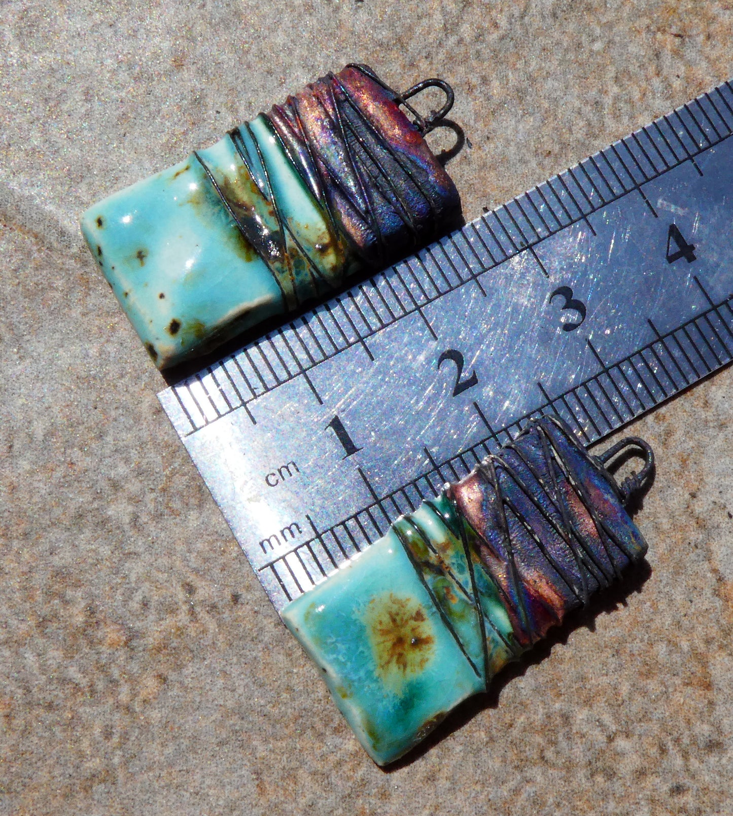 Ceramic Wire Wrapped Tablet Charms -Blue Guppy