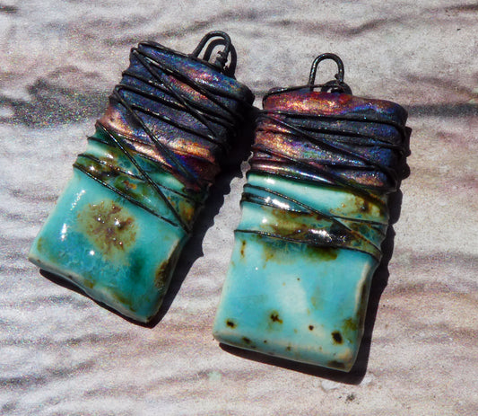 Ceramic Wire Wrapped Tablet Charms -Blue Guppy