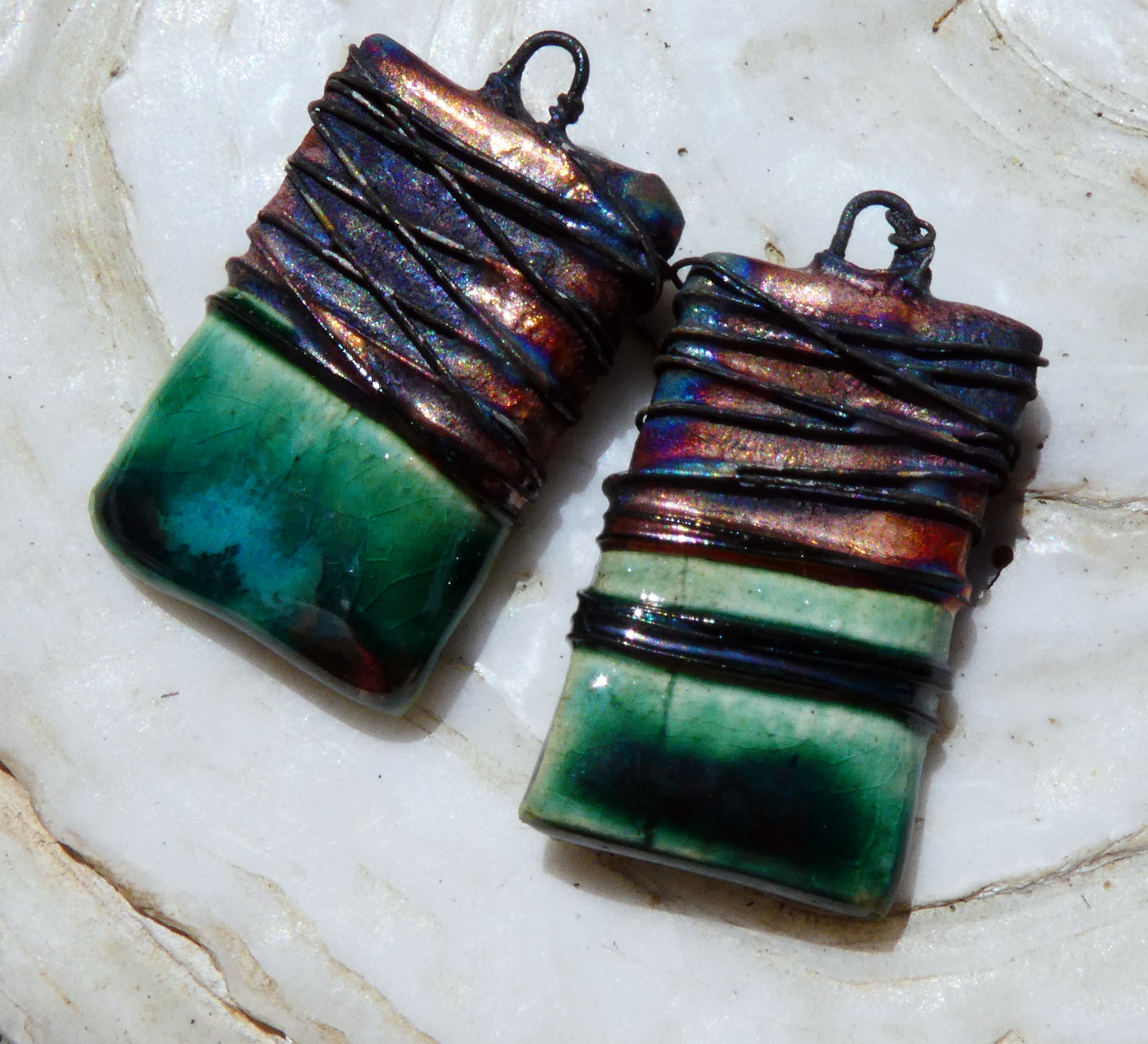 Ceramic Wire Wrapped Tablet Charms -Emerald Mist