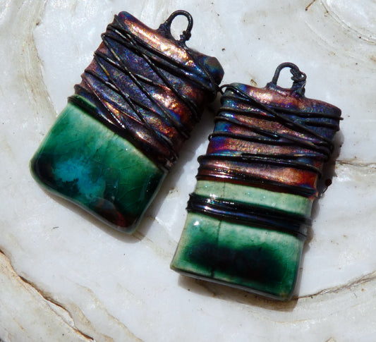 Ceramic Wire Wrapped Tablet Charms -Emerald Mist