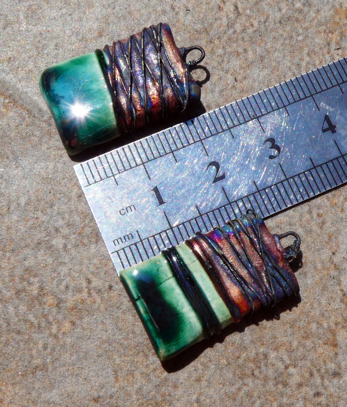 Ceramic Wire Wrapped Tablet Charms -Emerald Mist