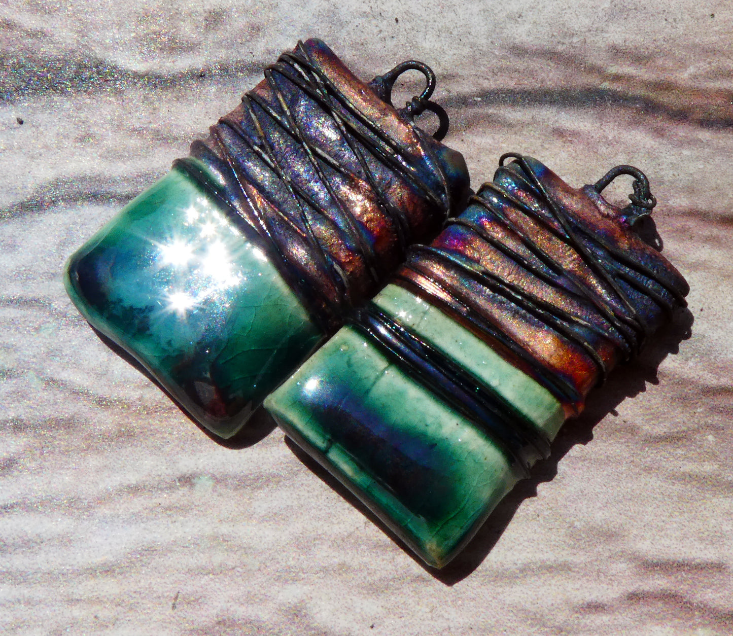 Ceramic Wire Wrapped Tablet Charms -Emerald Mist