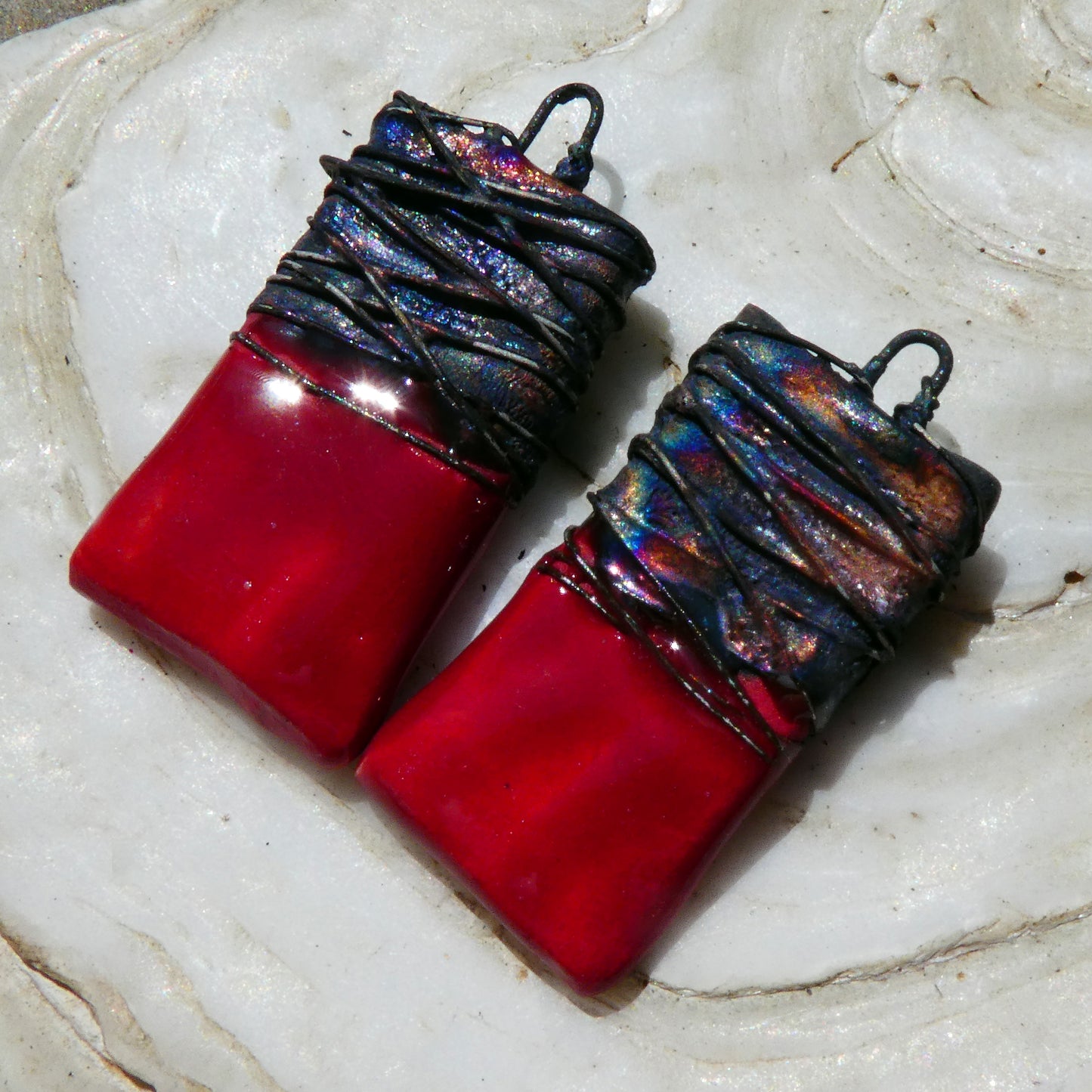 Ceramic Wire Wrapped Tablet Charms -Red