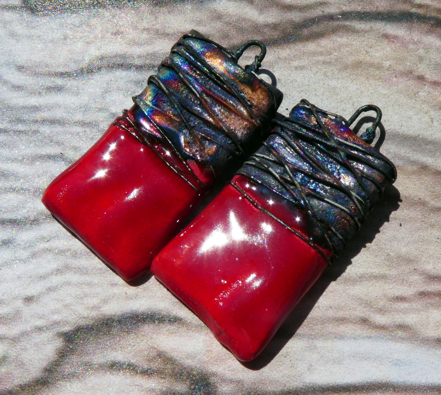 Ceramic Wire Wrapped Tablet Charms -Red