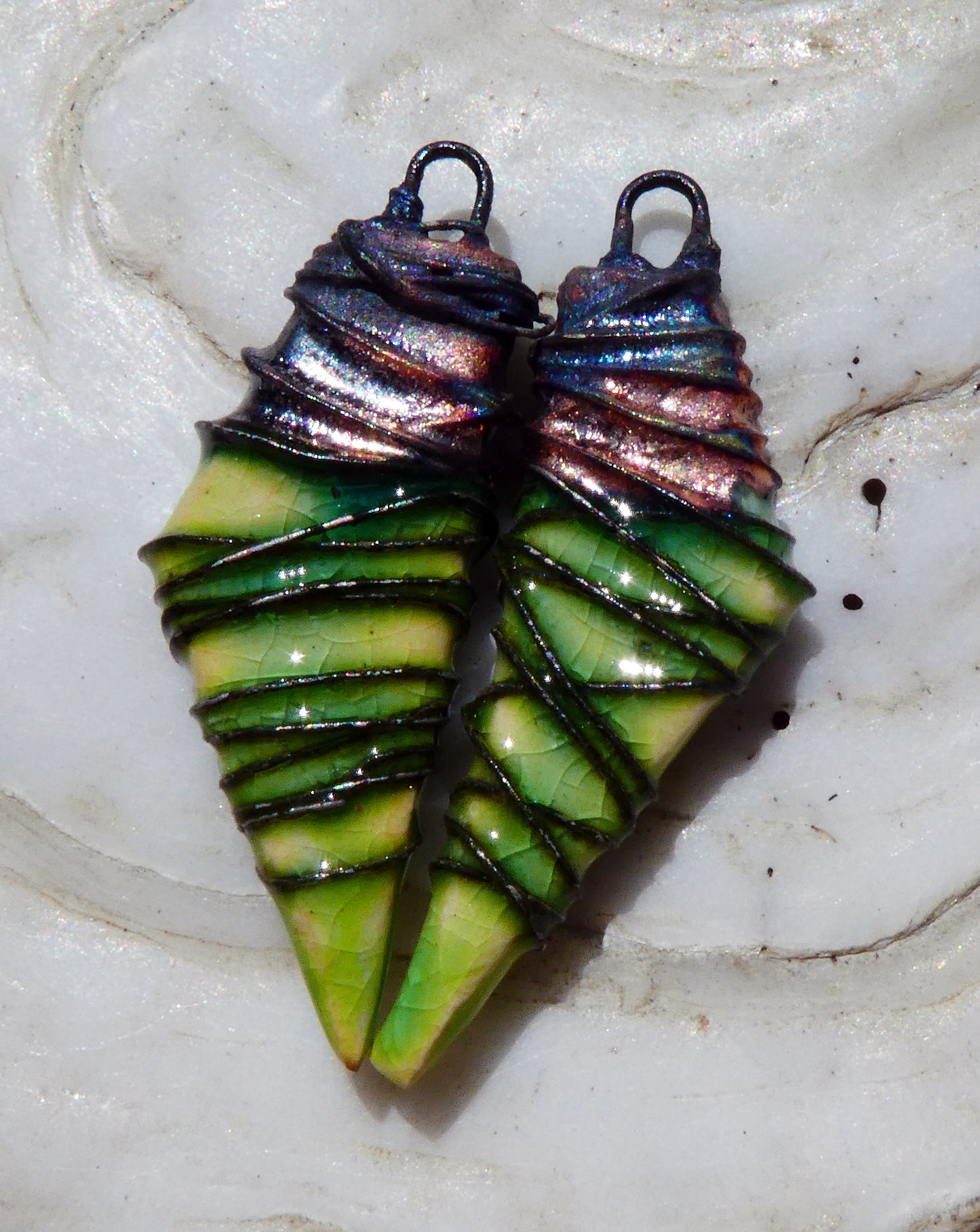 Ceramic Wire Wrapped Stone Cut Charms -Lime