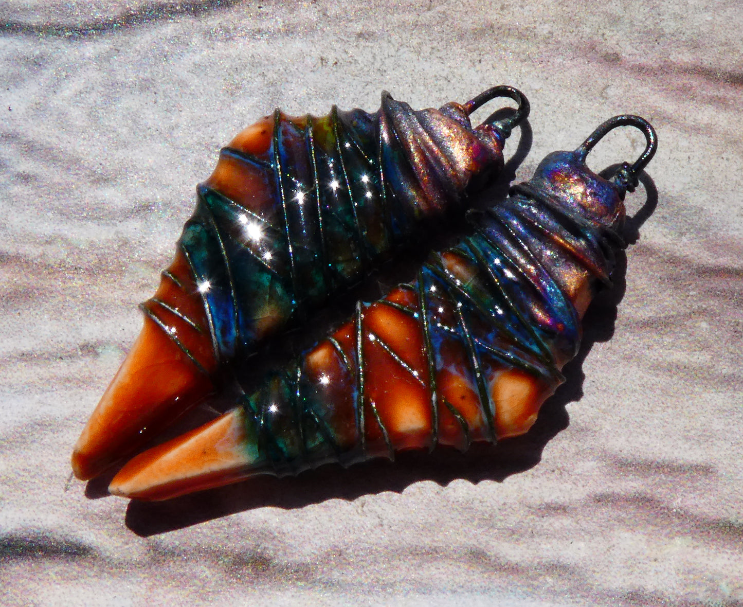 Ceramic Wire Wrapped Stone Cut Charms - Vermillion Sunburst