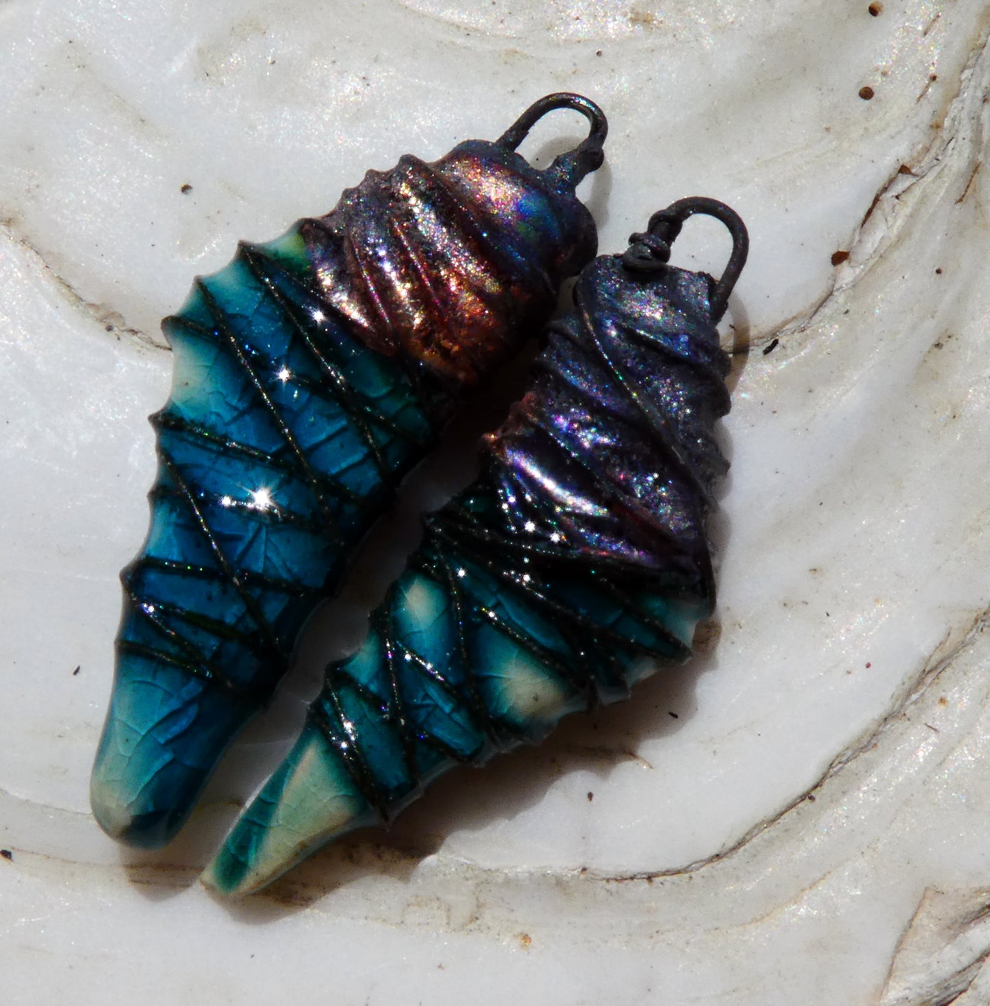 Ceramic Wire Wrapped Stone Cut Charms -Oriental Blue