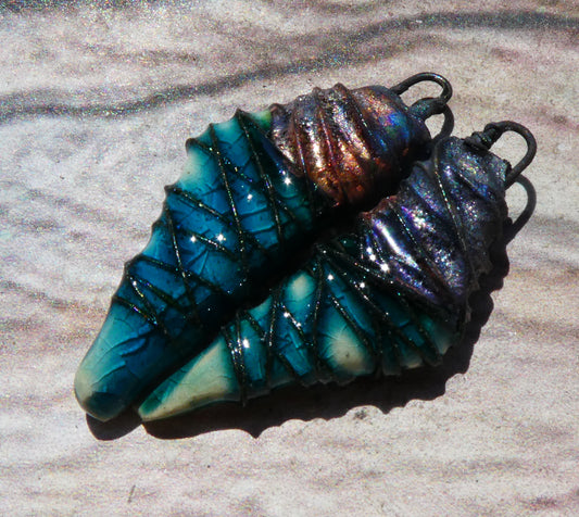 Ceramic Wire Wrapped Stone Cut Charms -Oriental Blue