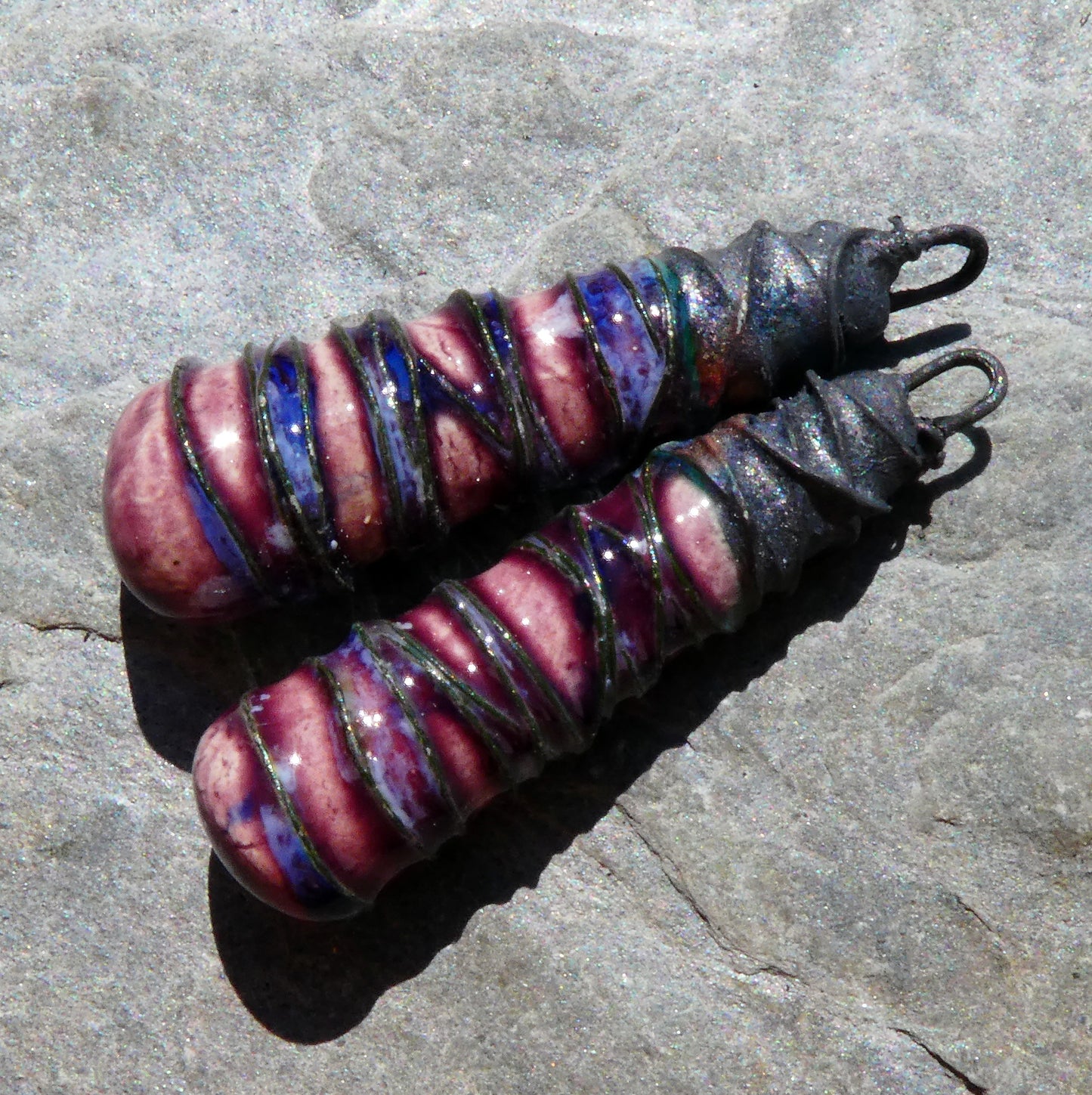 Ceramic Wire Wrapped Baton Charms - Plum Jelly