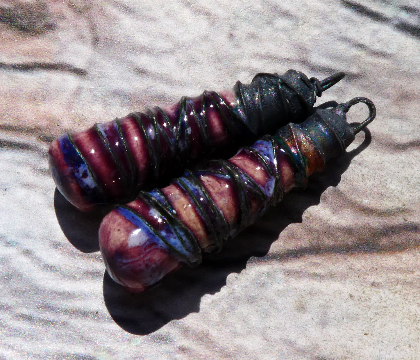 Ceramic Wire Wrapped Baton Charms - Plum Jelly