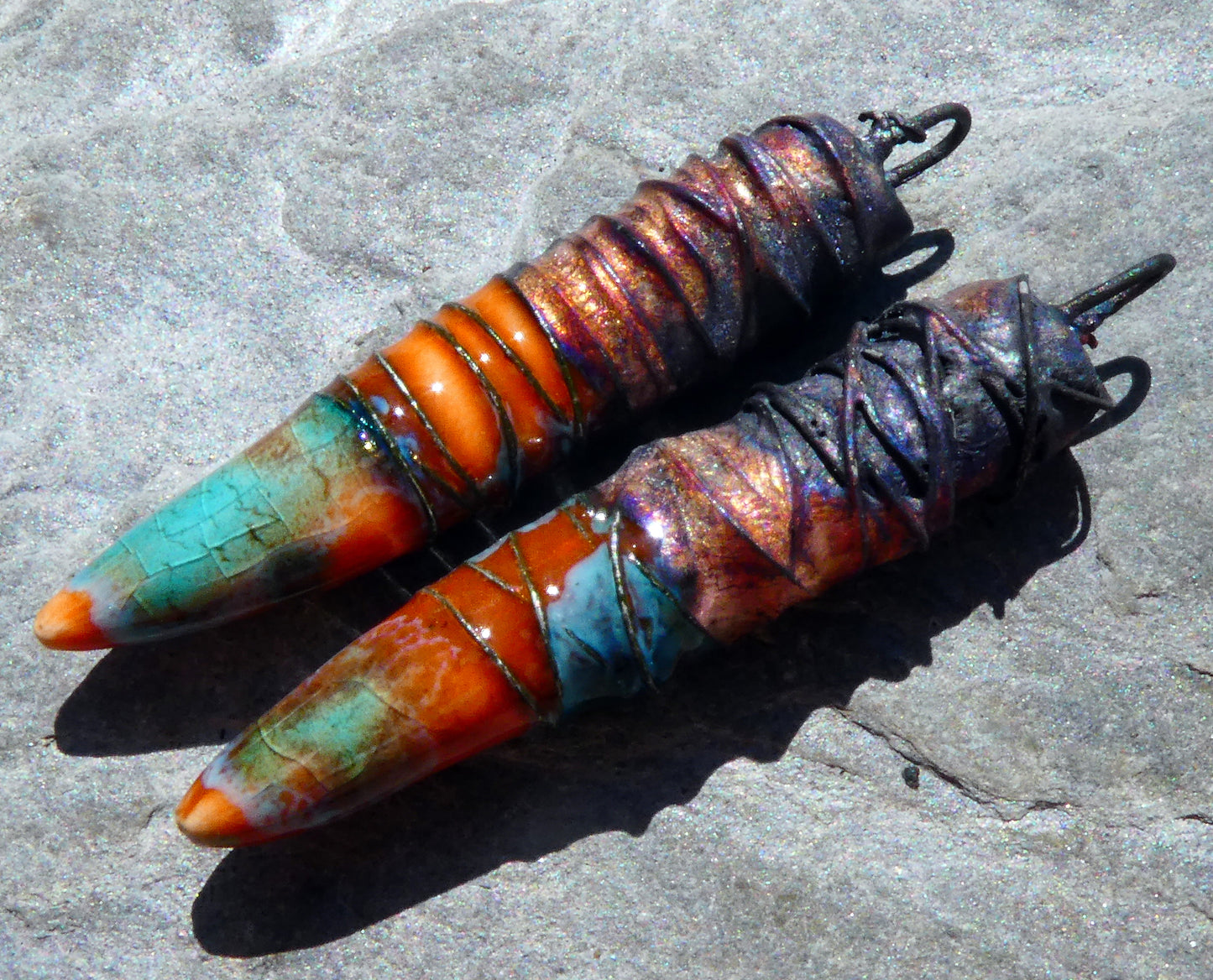 Ceramic Wire Wrapped Spike Charms - Vermillion Sunburst
