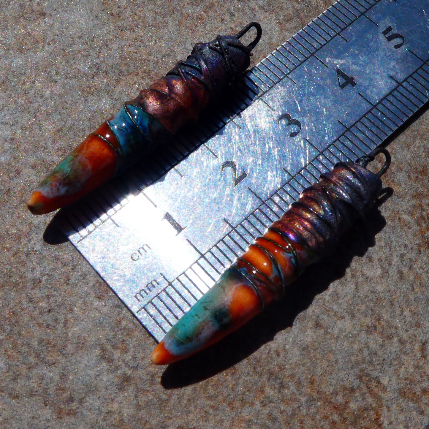 Ceramic Wire Wrapped Spike Charms - Vermillion Sunburst